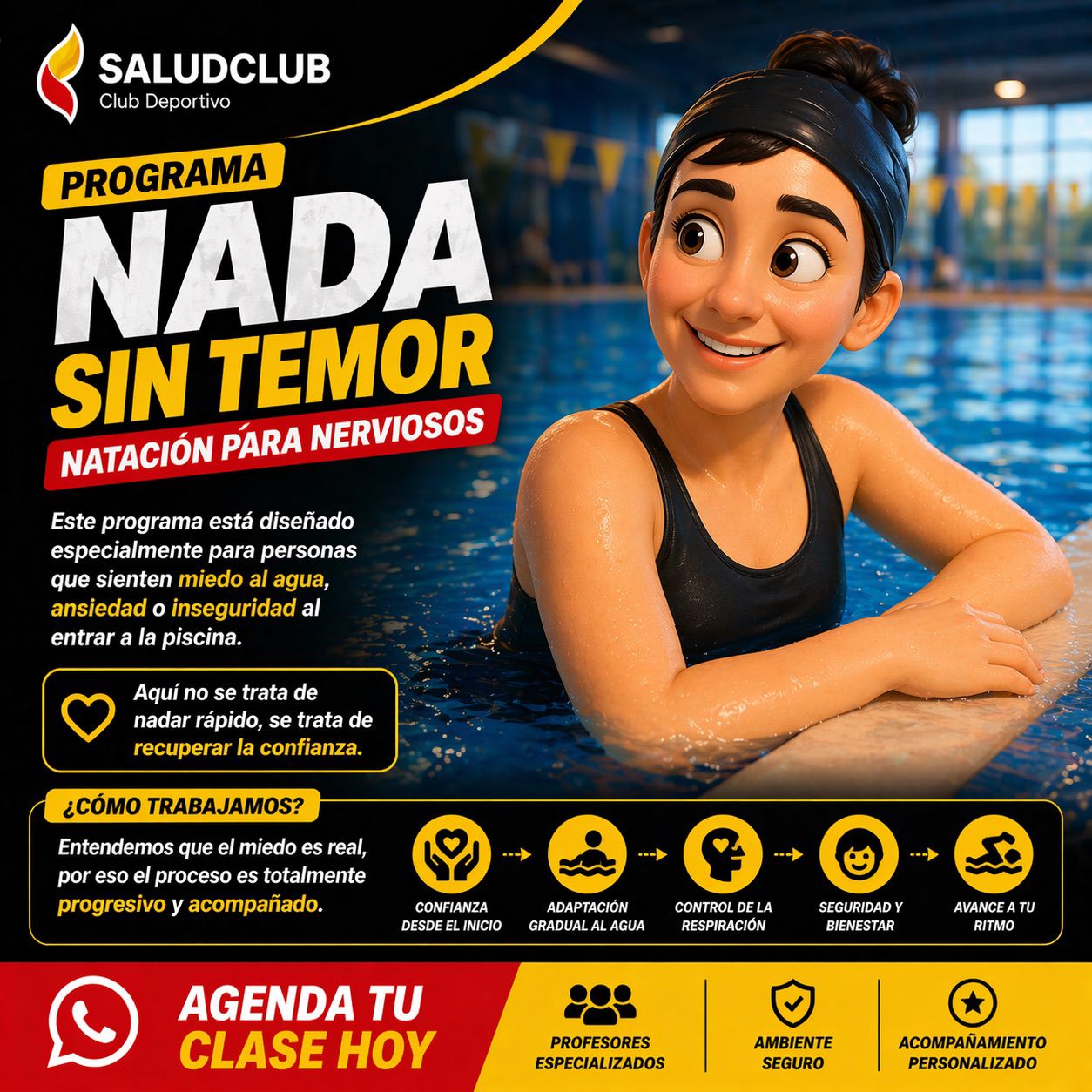 Método NST Nadar Sin Temor de SaludClub durante clase de natación para adultos